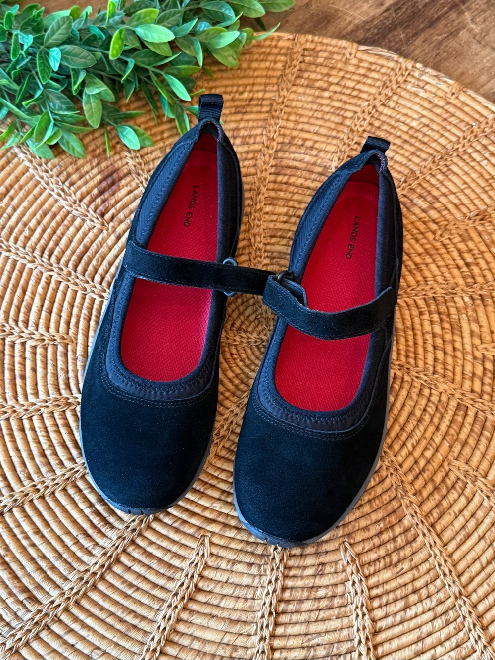 Lands' End Black Mary Jane Slip On Sneakers with Red Insoles